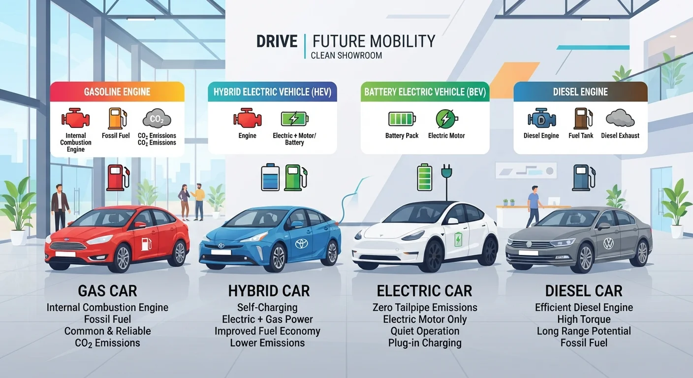 Gas, Hybrid, Electric, or Diesel: What Each Powertrain Actually Means
